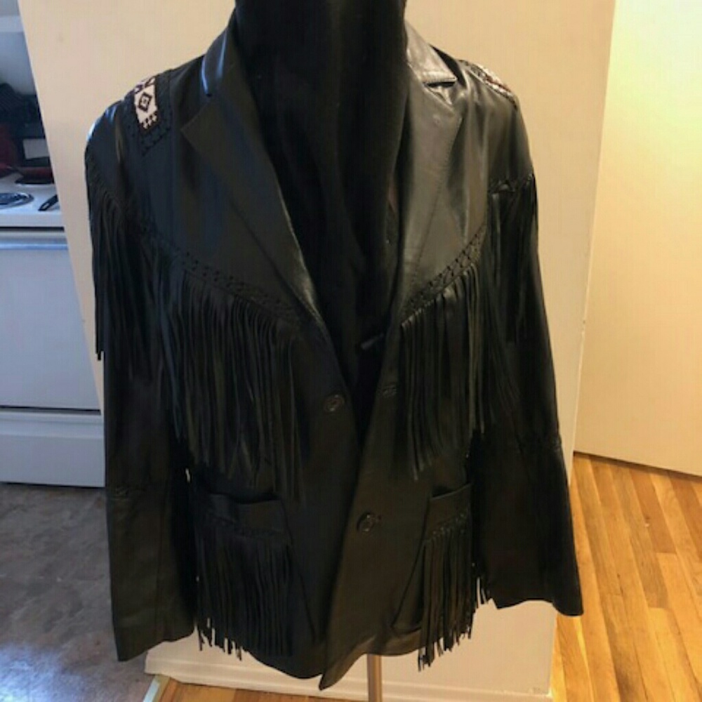 Tribal leather fringe jacket